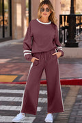 Varsity Stripe Wide Leg Sweatsuit Mineral Red 65%Polyester+35%Cotton Bazaare Mart Two Piece Sets/Pant Sets