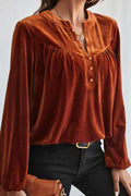 Velvet Half Button Long Sleeve Blouse Brown Bazarre Mart Long Sleeve Velvet Top
