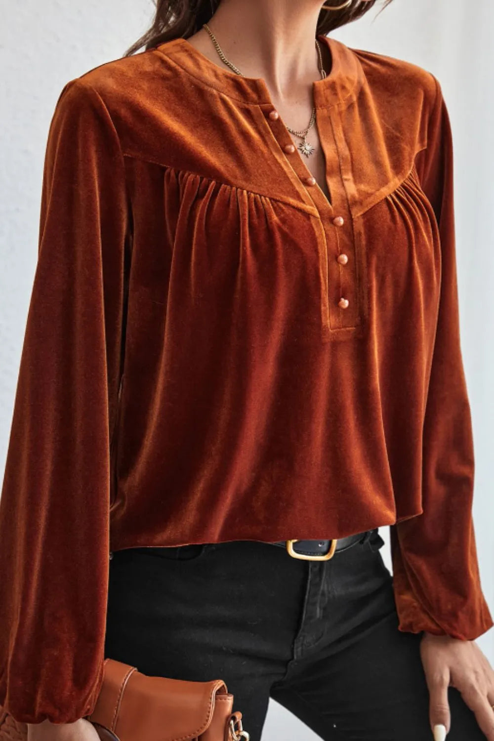 Burnt Orange Velvet Half Button Puff Long Sleeve Blouse