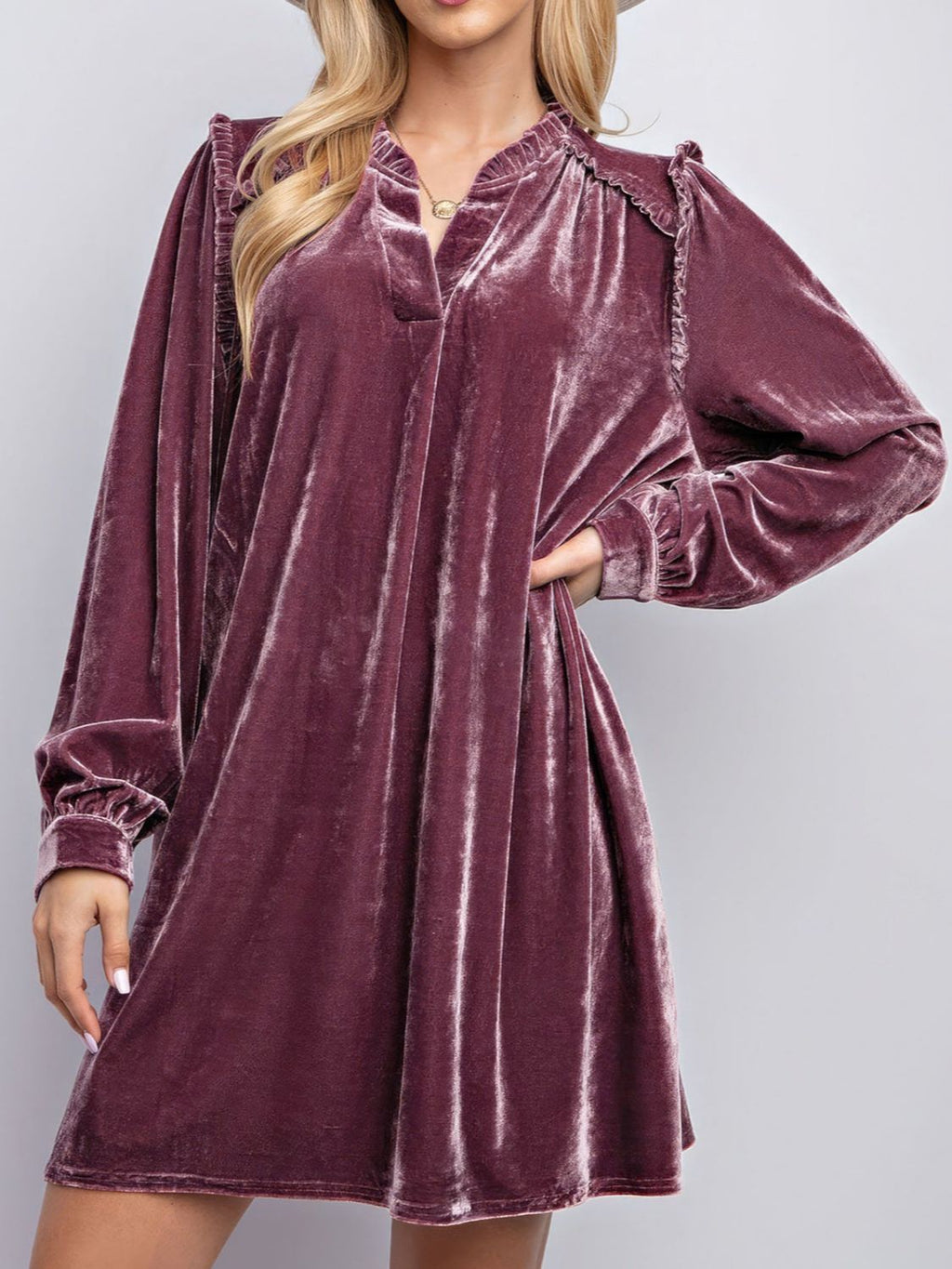 Velvet Long Sleeve Dress with Pockets