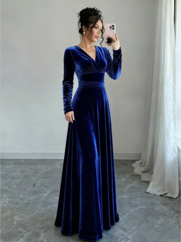Navy Velvet Long Sleeve V-Neck Evening Gown