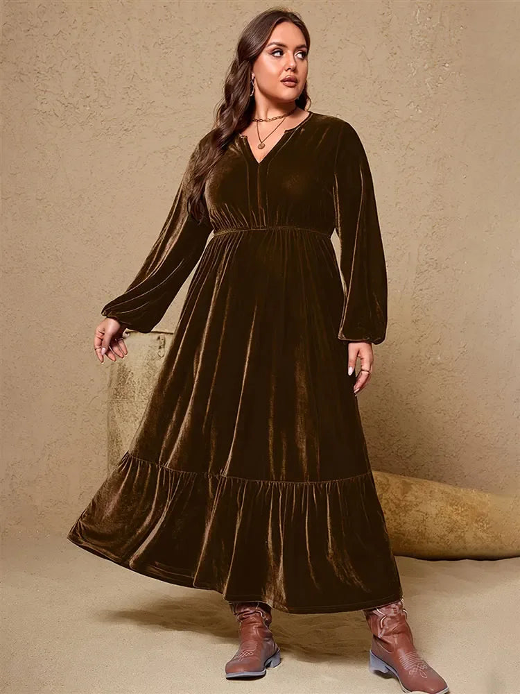 Velvet V-Neck Long-Sleeve Maxi Dress Brown Bazaare Mart Long-Sleeve Maxi Dress