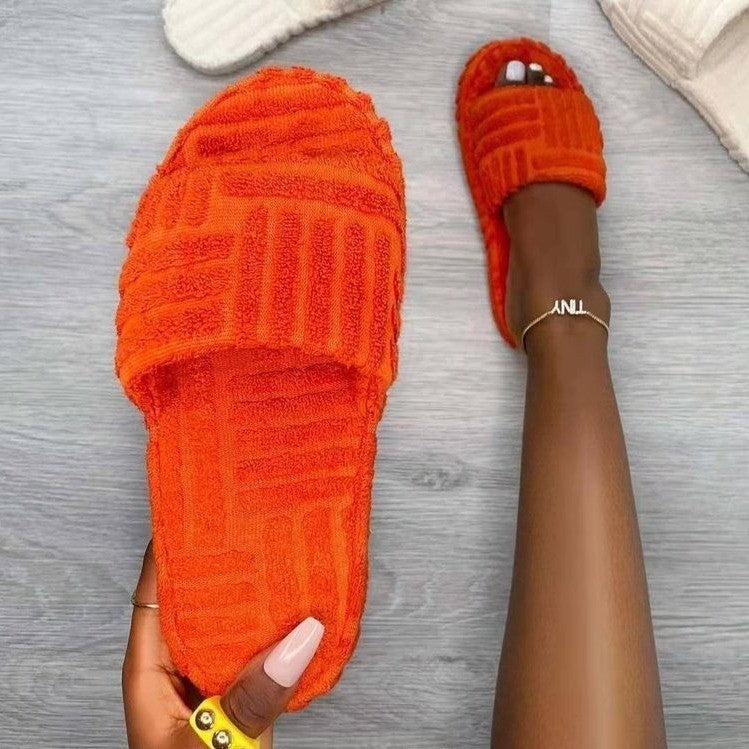 Orange textured furry open toe slippers  