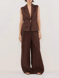 Brown Vest and Wide Leg Pants Set Dark Brown Trendsi Sleeveless Blazer and Wide Leg Pants Set