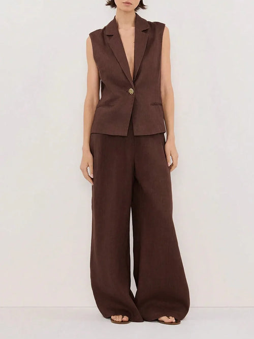 Brown Vest and Wide Leg Pants Set Dark Brown Trendsi Sleeveless Blazer and Wide Leg Pants Set