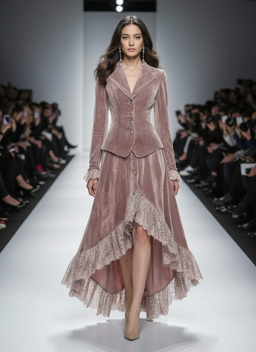 Vintage Velvet and Lace High Low Skirt Suit