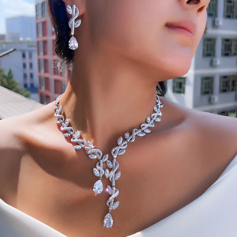 Water Drop Zirconia Leaf Bridal Jewelry Set Bazaare Mart Water Drop Zirconia Leaf Bridal Jewelry Set