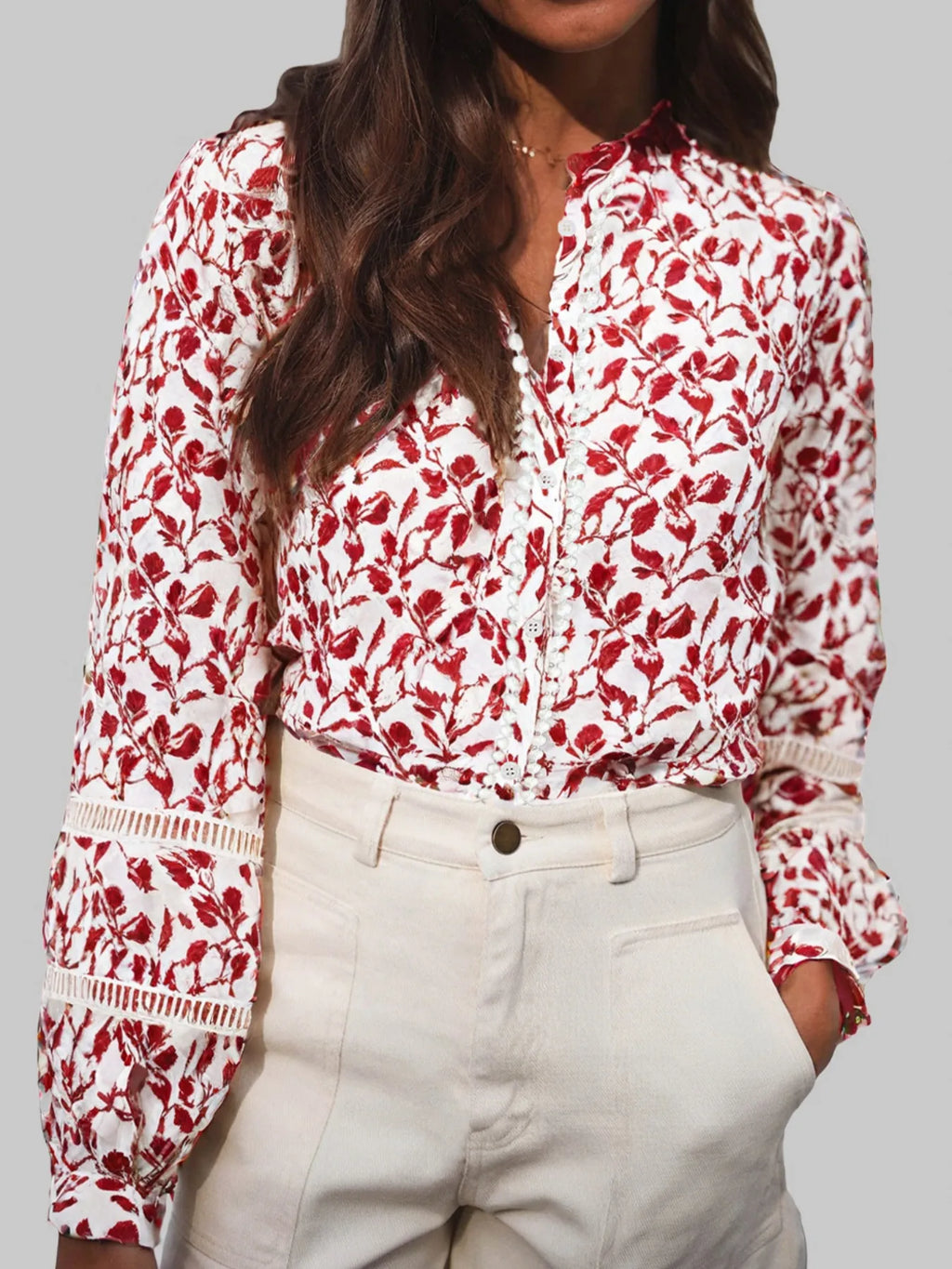 Western Red and White Floral Button Down Long Sleeve Shirt