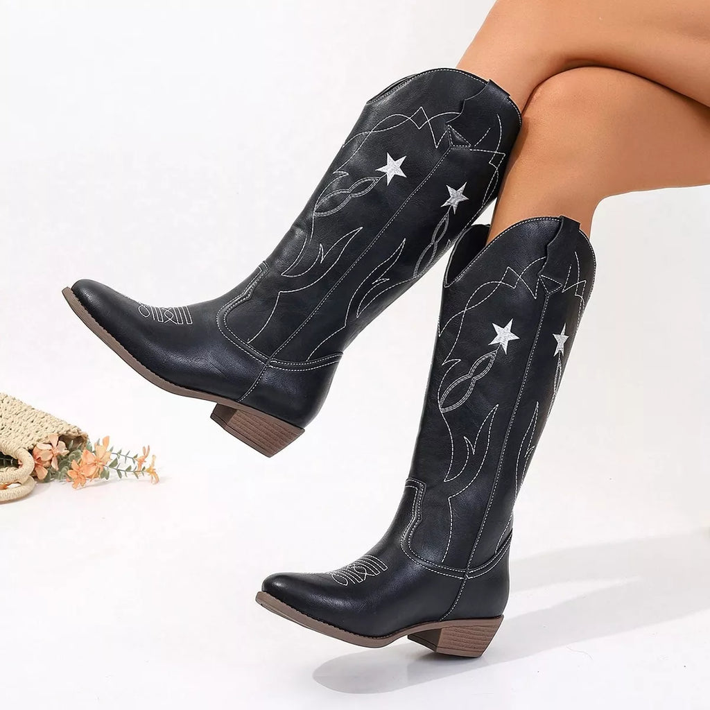 Black Western White Star Embroidered Cowboy Boots