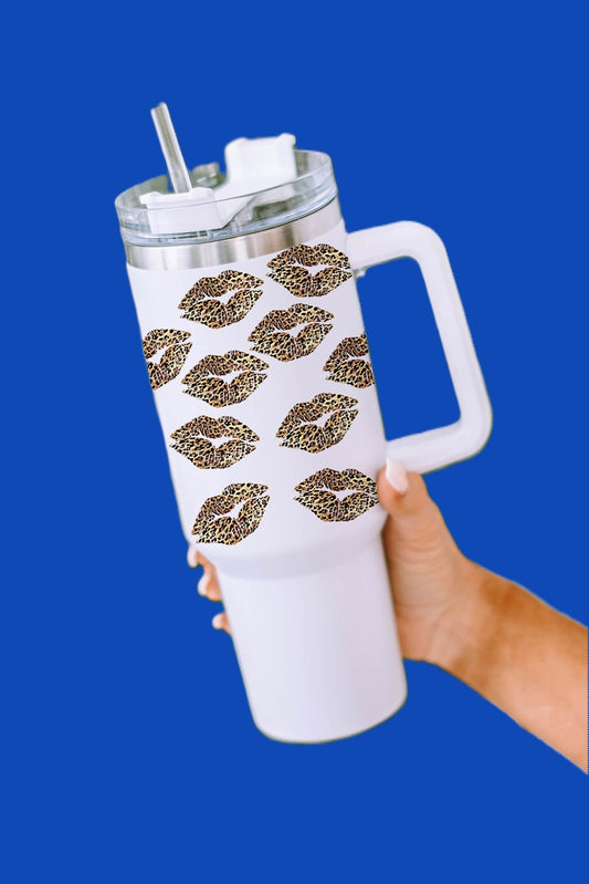 White Leopard Lips Print Thermos Cup with Straw 1200ml