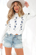 White Floral Embroidered Scallop Hem Cropped Sweater White 52%Viscose+26%Polyester+22%Polyamide Bazaare Mart Sweaters & Cardigans/Sweaters