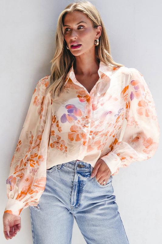 White Floral Long Balloon Sleeve Loose Blouse