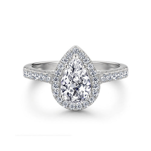 White Gold Halo Pear Shaped Zirconia Ring