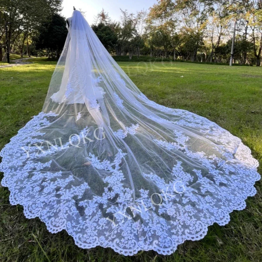 White Ivory Mesh Lace Scalloped Edge Bridal Veil Ivory Bazaare Mart Floral Applique Bridal Veil