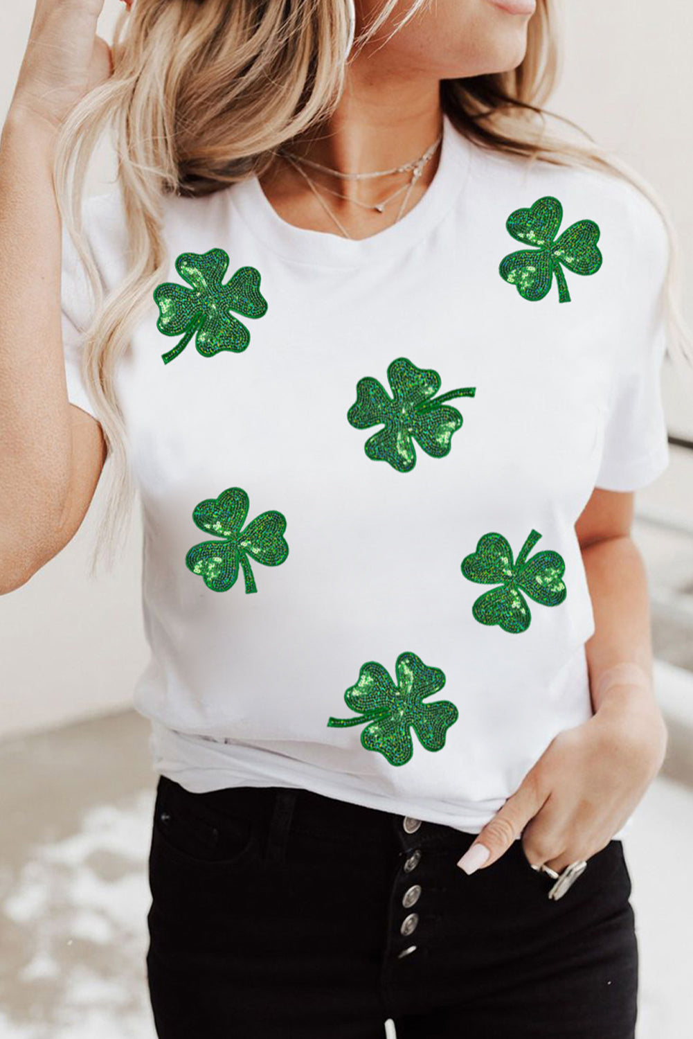 White Sequin Lucky Clover Tee