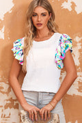 White Voluminous Printed Puff Sleeve Textured Top White 100%Polyester Dear-Lover Dropshipping Tops/Blouses & Shirts