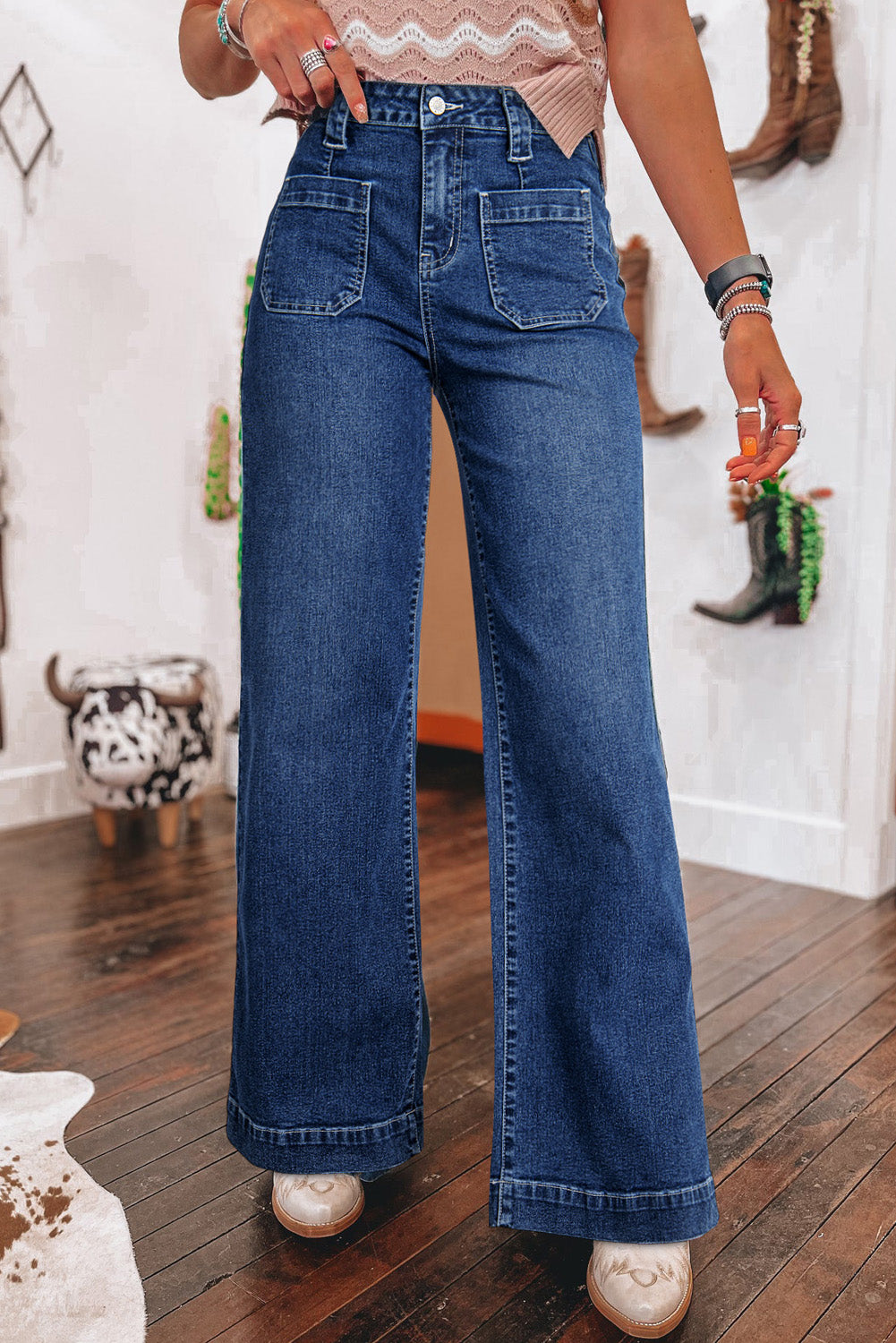 Wide Leg Front Pocket High Waist Jeans with exposed hem