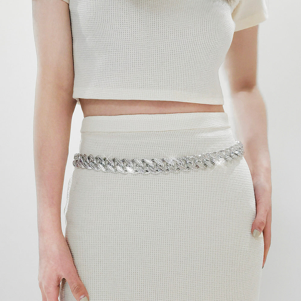 Wide Silver Rhinestone Chain Belt