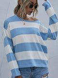 Wide Striped Casual Long Sleeve Knit Top Blue Bazaare Mart Wide Stripe Pullover Sweater