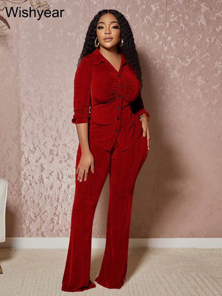 Red Long Sleeve Ruched Button Top and Flare Pants Set