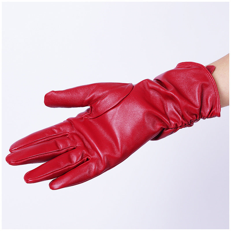 Women Winter Red Leather Gloves