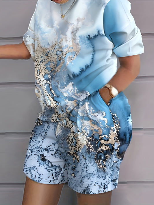Women's Blue Abstract Print Shorts Set