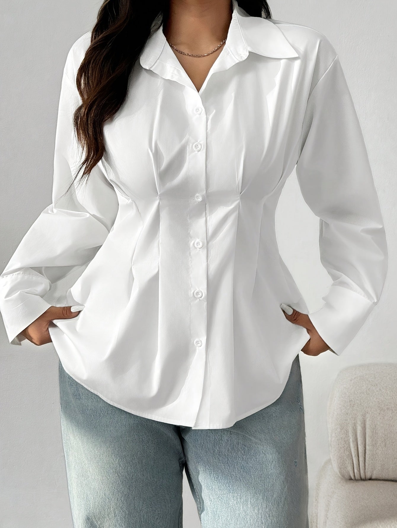 Women's Long Sleeve Button Up Cinched Waist Blouse