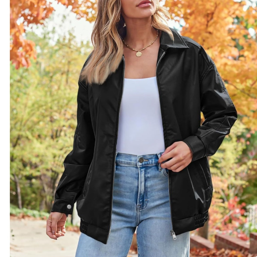 Women's Black Zip Up Oversized PU Leather Jacket  with pockets