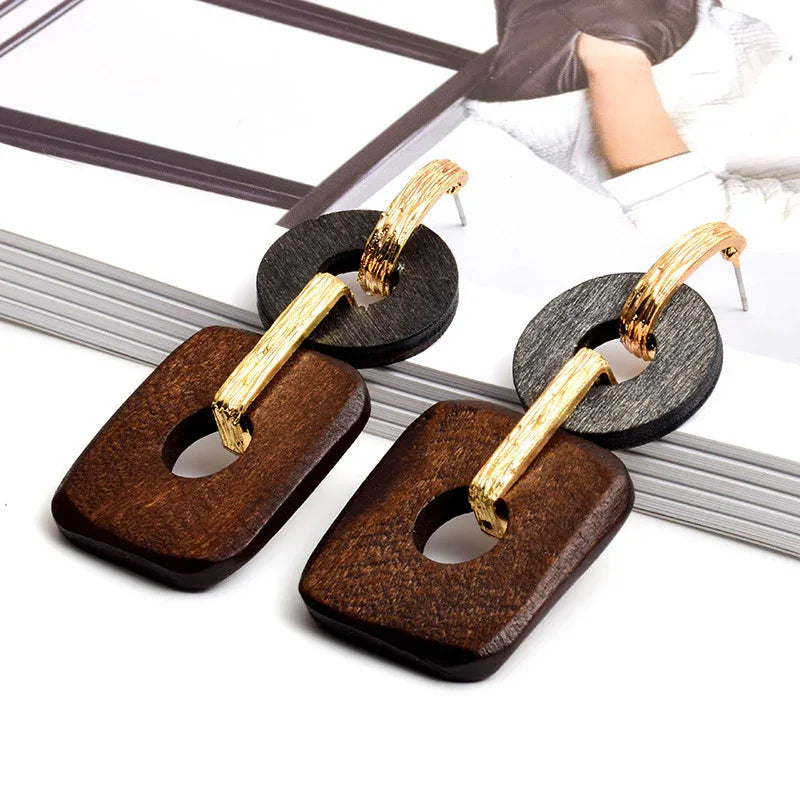 Wood Geo Hoop Earrings Bazaare Mart Wood Rectangle Drop Earrings