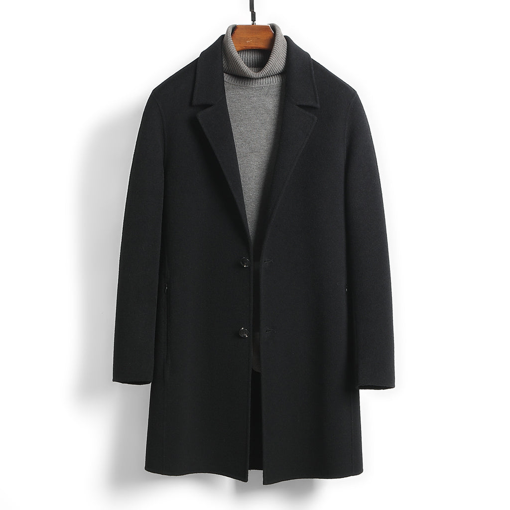 Black Worsted Wool Mid-length Slim-fit  2 Button with side slit pockets Top Coat