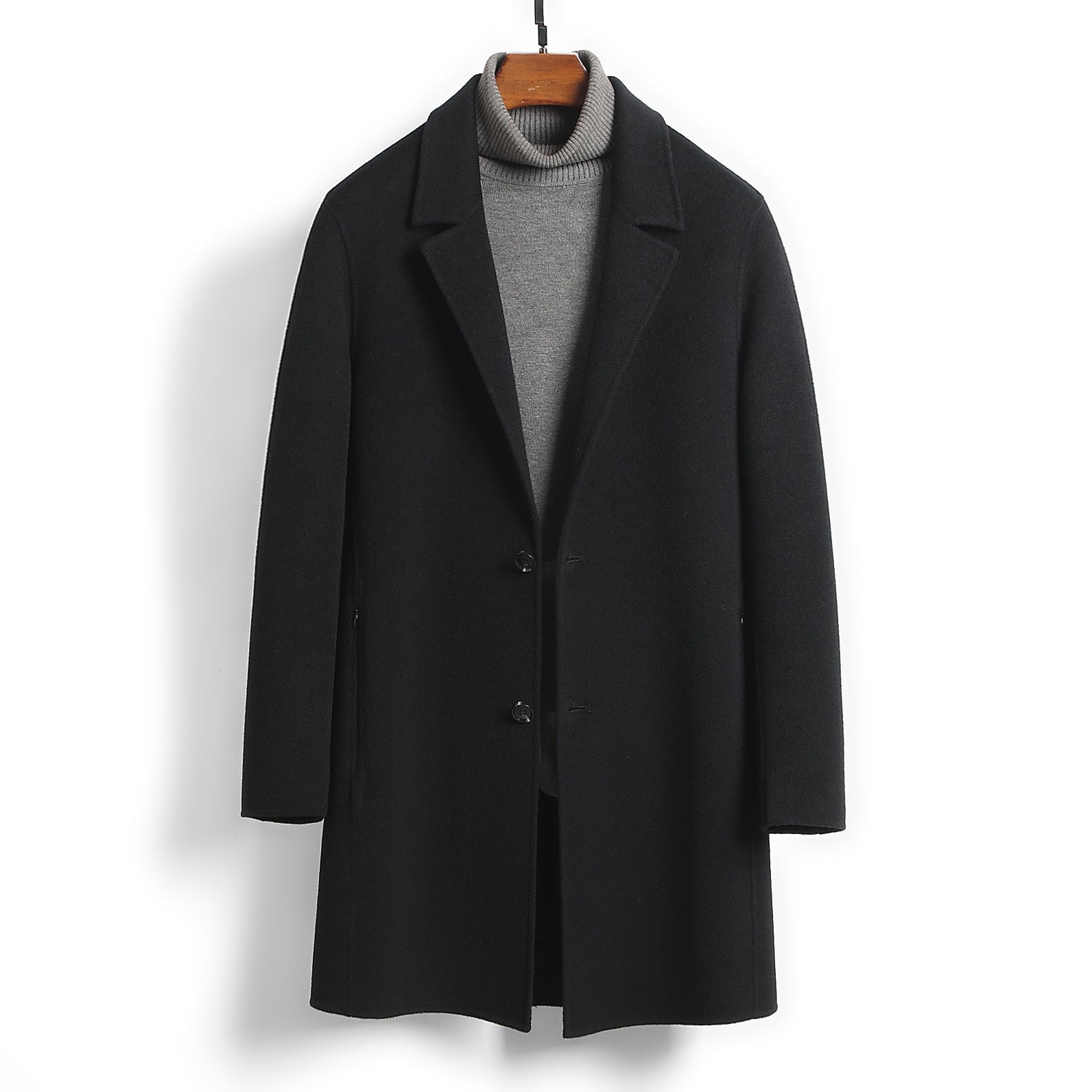 Black Worsted Wool Mid-length Slim-fit  2 Button with side slit pockets Top Coat