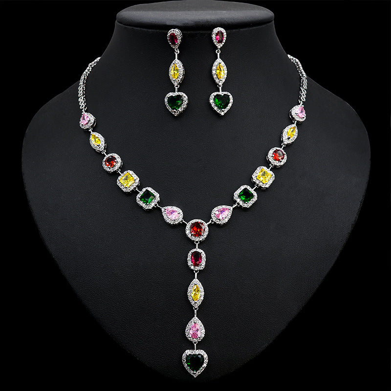 Multi-Color CZ Halo Y-Shape Love Pendant Necklace Earring Set