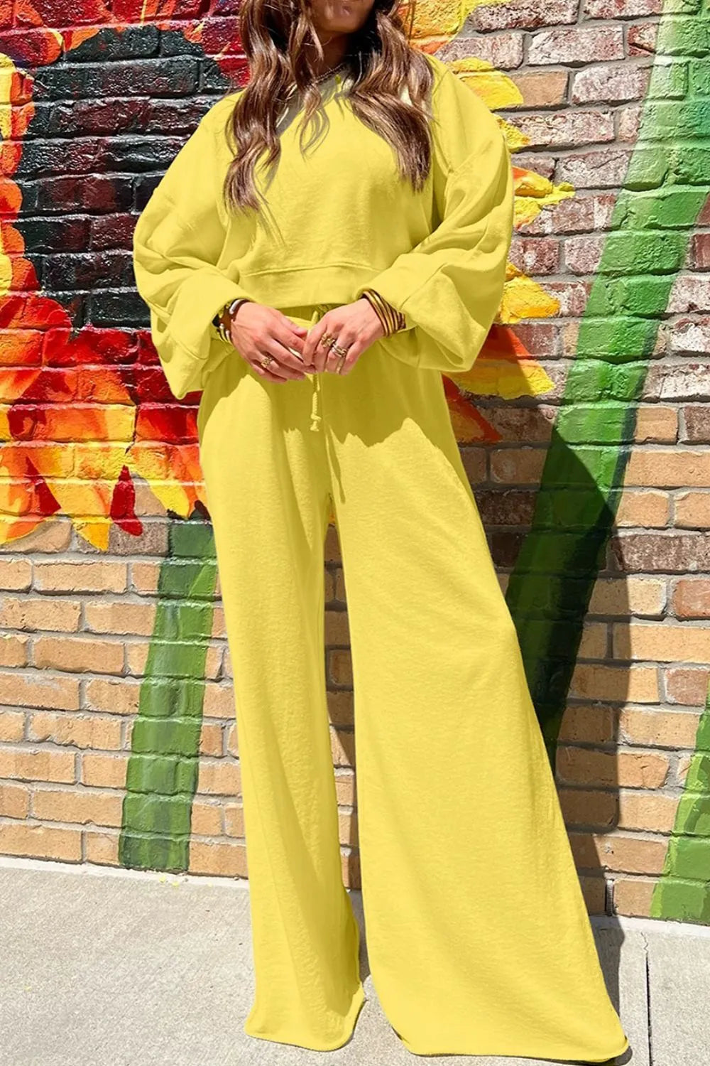 Yellow Crew Neck Long Sleeve Cropped Sweatshirt and Wide Leg Pants Set