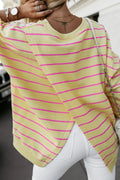 Yellow & Pink Striped Back Overlap Detail Sweatshirt Yellow Stripe 100%Polyester Shewin Sweatshirts & Hoodies