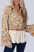 Yellow Printed Floral Bell Sleeve V Neck Peplum Blouse Yellow Printed 100%Polyester Bazaare Mart Tops/Blouses & Shirts