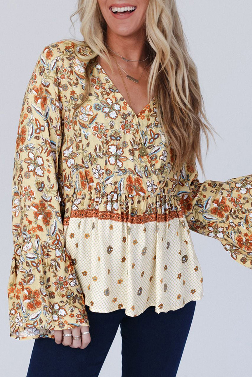 Yellow Printed Floral Bell Sleeve V Neck Peplum Blouse