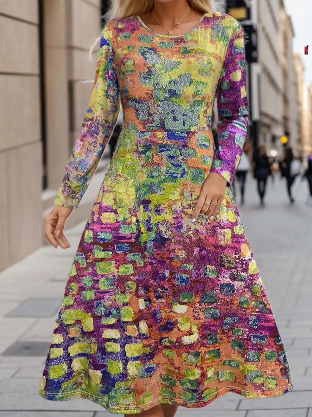 Yellow and Purple Abstract Round Neck Long Sleeve Midi Dress