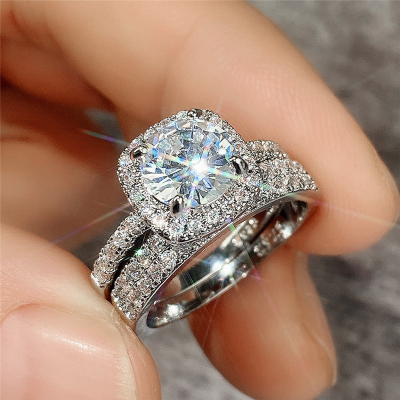 Zircon Solitaire and Wedding Band Ring Set