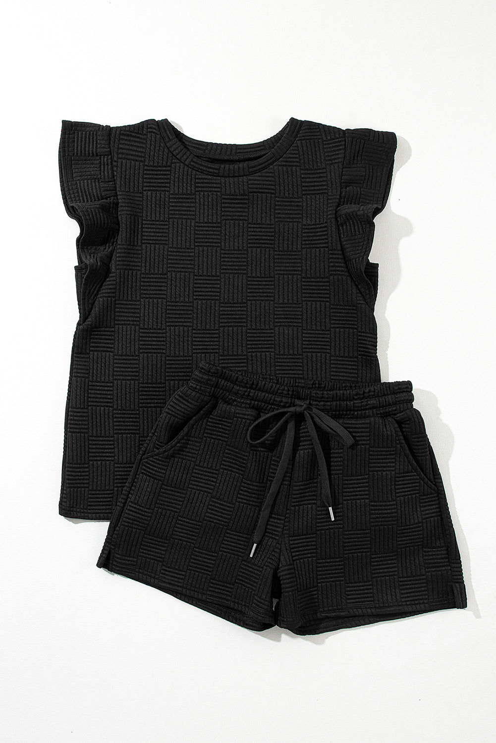 Black Textured Ruffled Sleeve Tee and Shorts Set