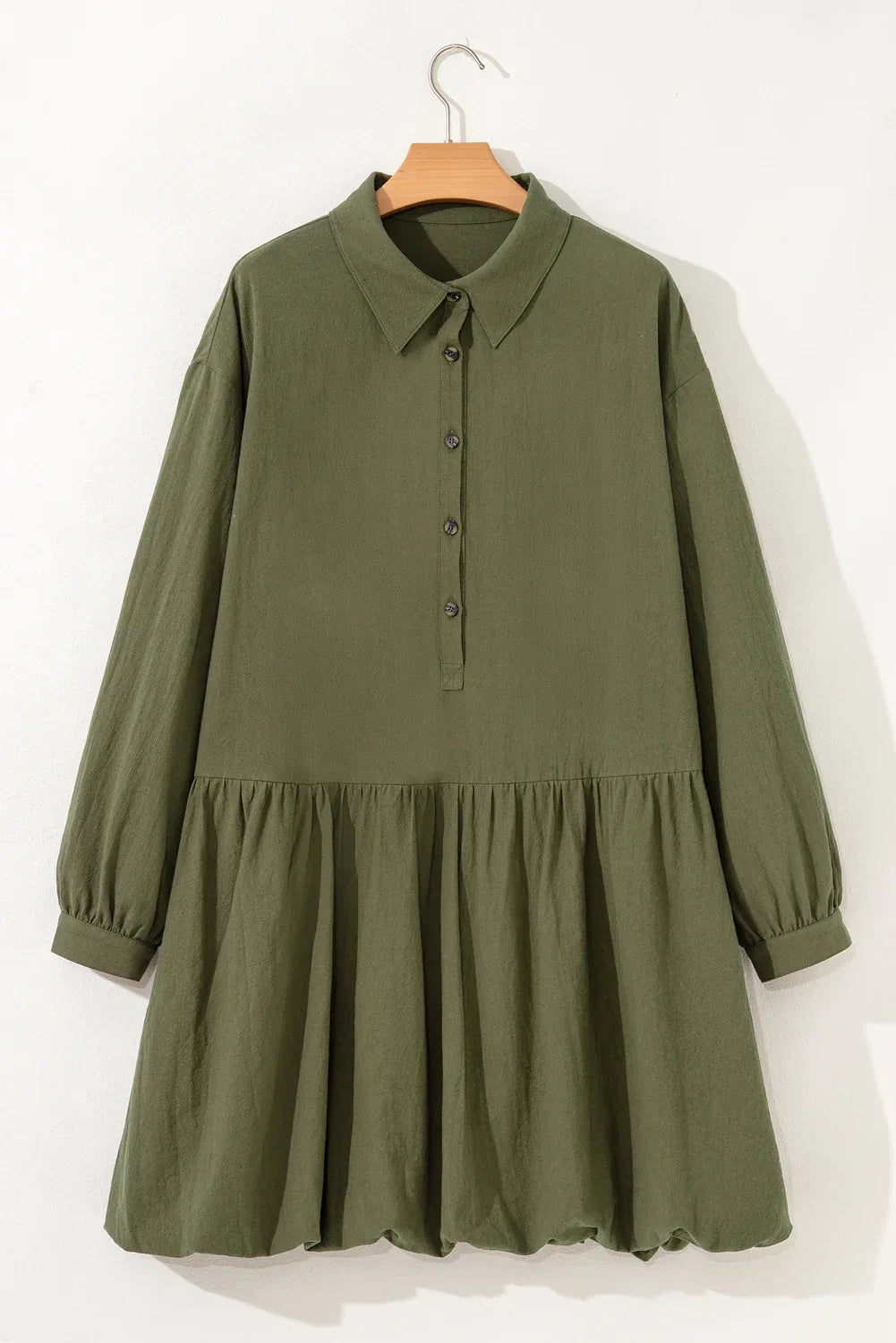 Olive Green Collared Half Button Long Sleeve Ruffle Hem Mini Dress Bazaare Mart Plus Size/Plus Size Dresses/Plus Size Mini Dresses