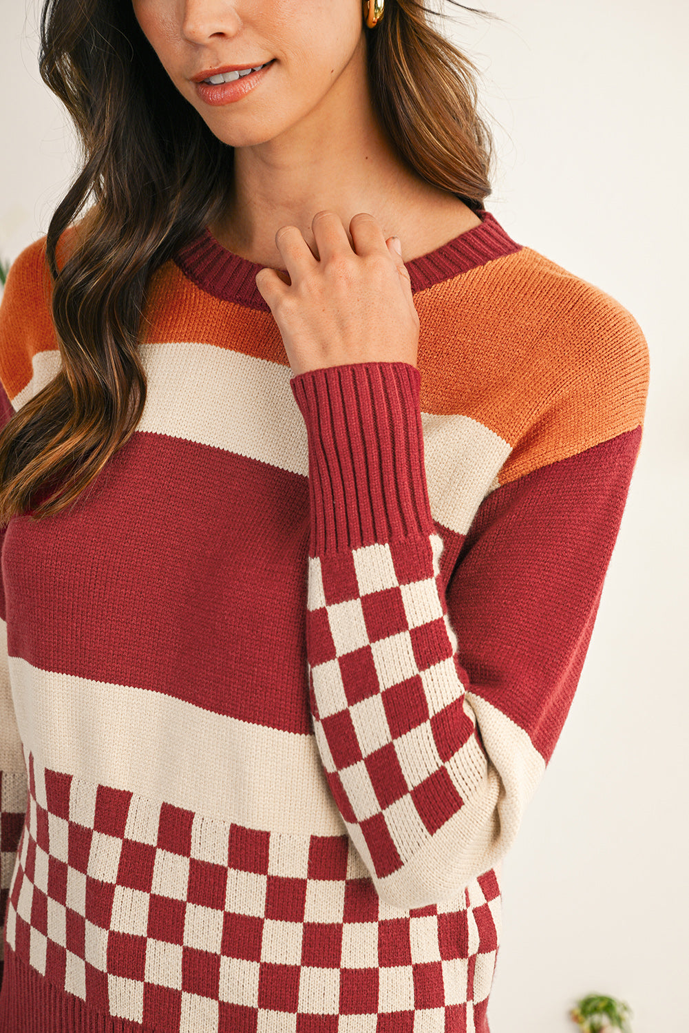 Brown Checkered Colorblock Knitted Drop Shoulder Sweater