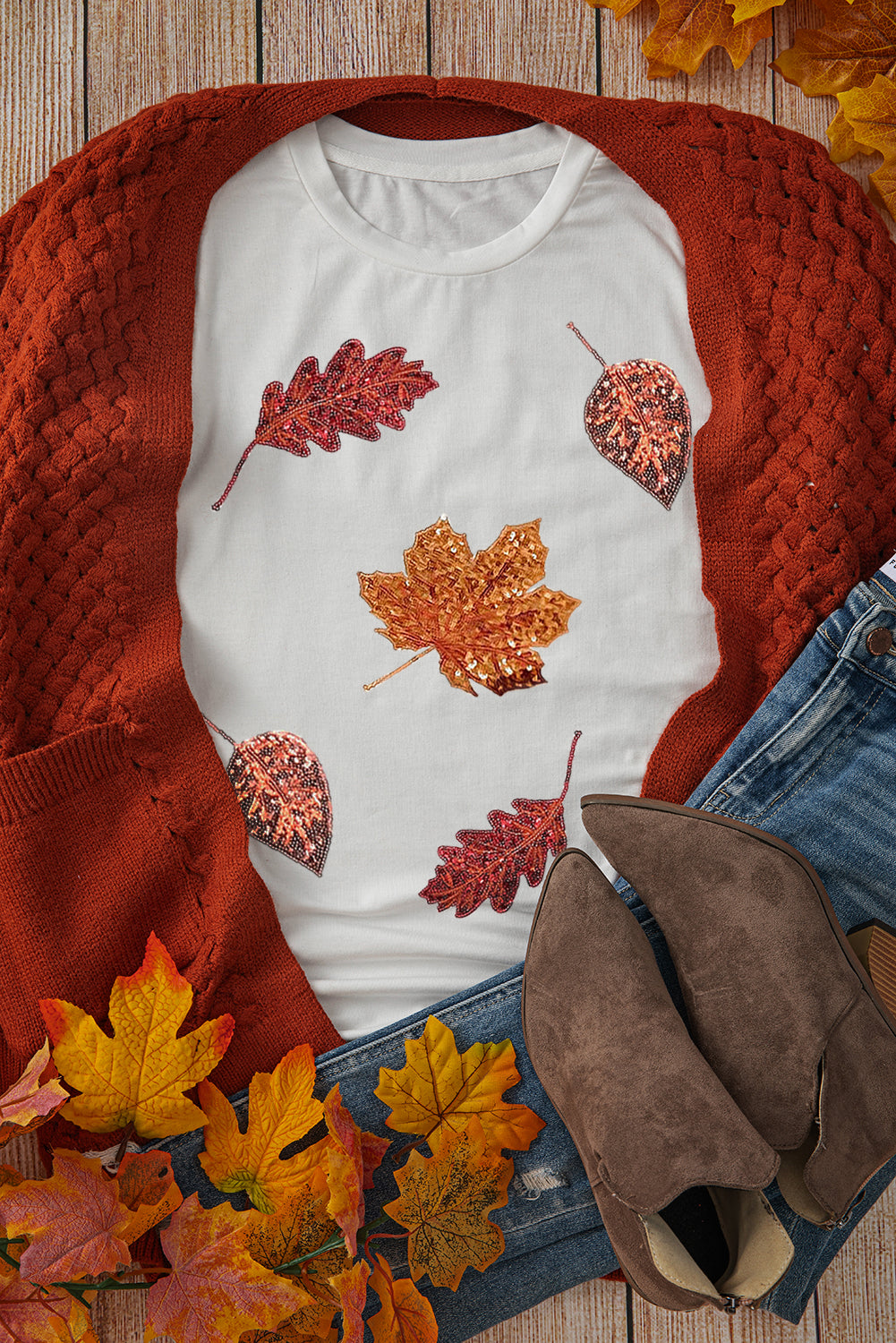 White Sequined Fall Leaves Graphic Crew Neck T Shirt