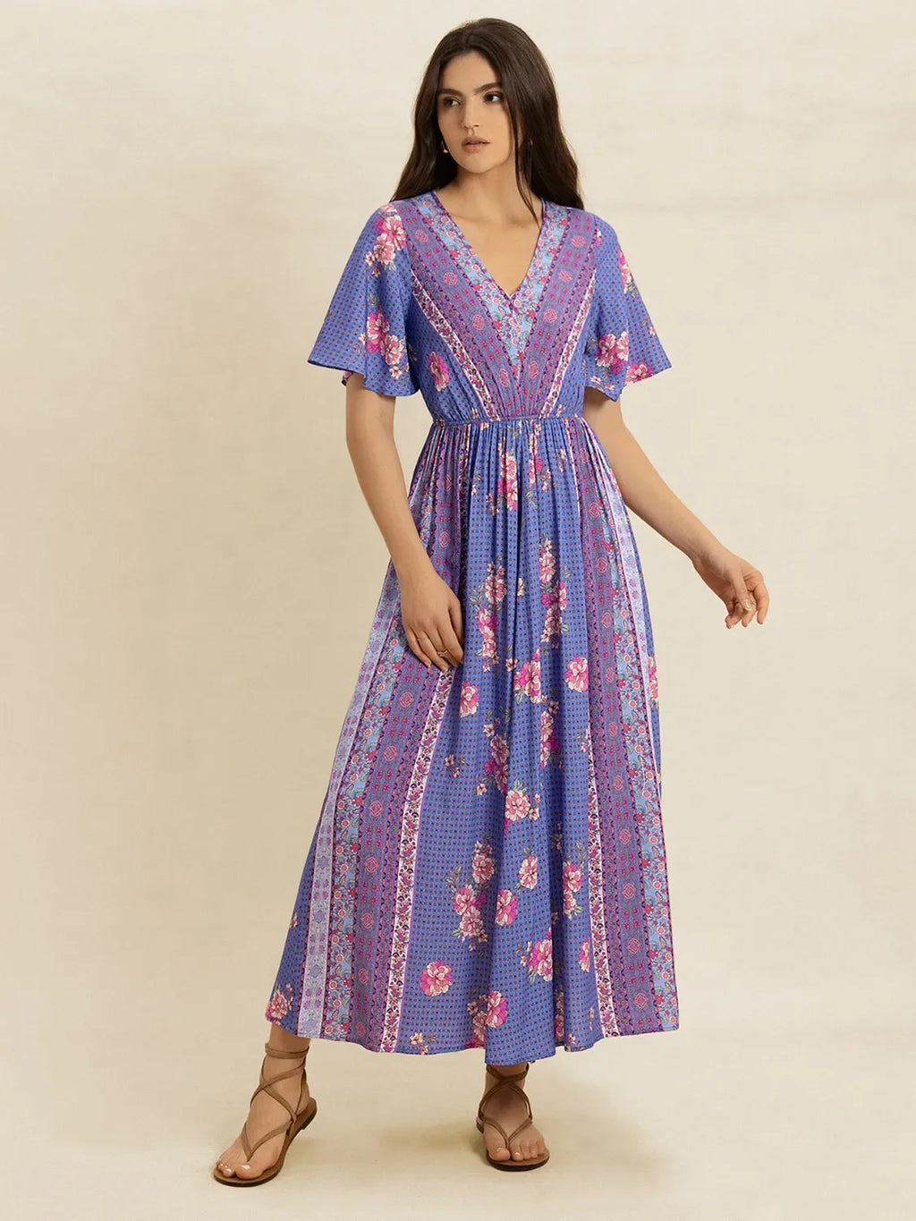 Printed Short Sleeve Midi Dress Bazarre Mart Purple Boho Midi Dress