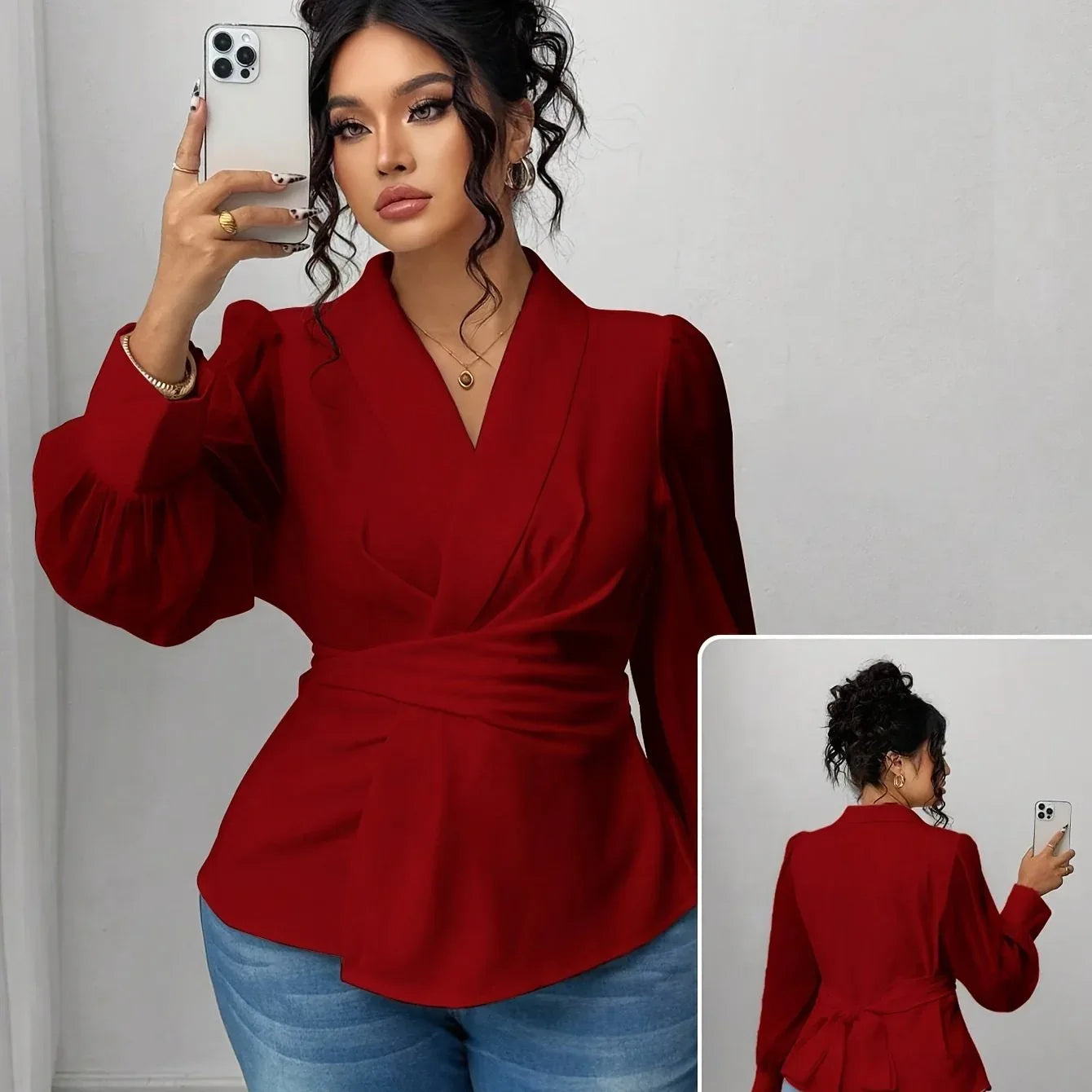 Mesh Semi-Sheer Wrap Button-Front Long Sleeve Blouse Red Bazaare Mart Mesh Wrap Long Sleeve Blouse