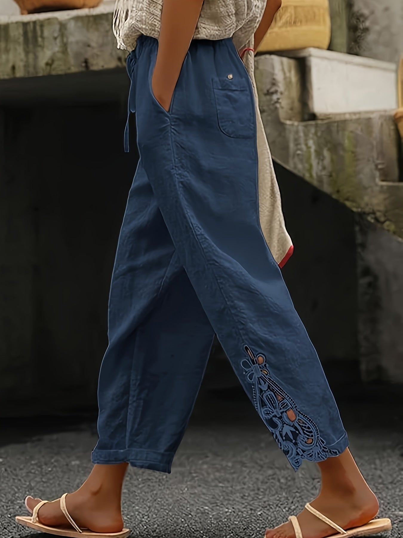 Women’s Lace Cutout Drawstring Straight Pants – Casual Wide Leg Lounge Trousers Blue CJ Dropshipping Light White Cotton Pants