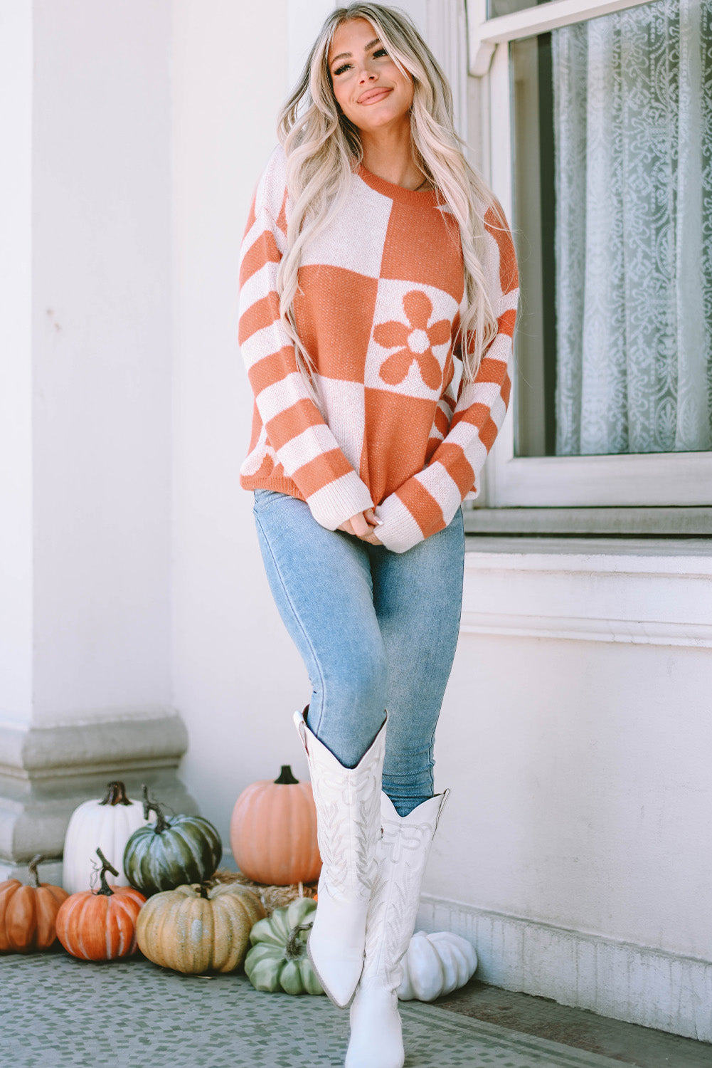 Checkered Floral Print Striped Sleeve Sweater