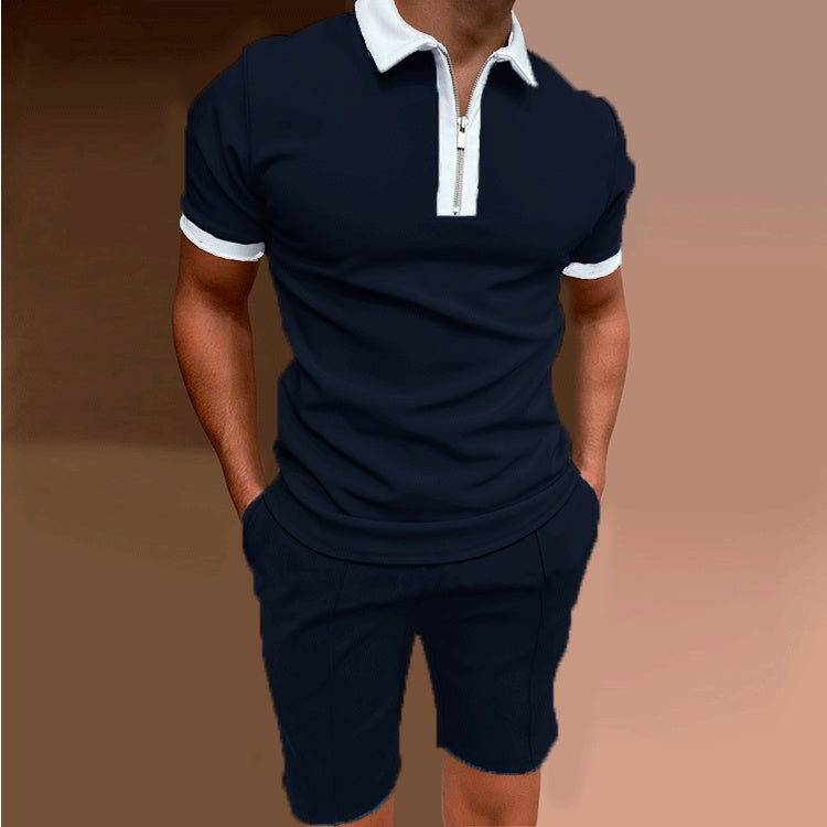 Navy Slim-fit Zip Polo Shorts Set