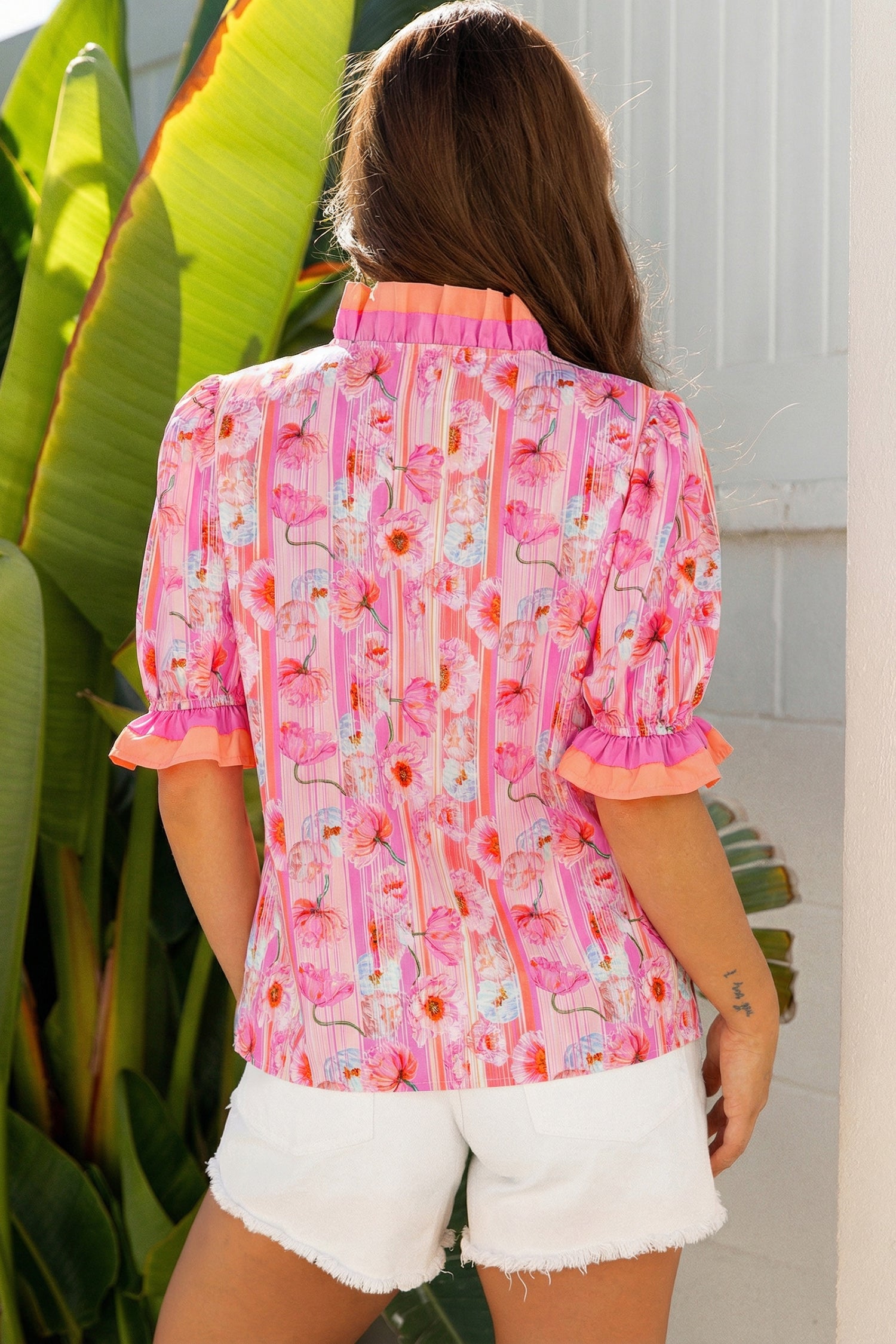 Pink and Orange Floral Striped Short Sleeve Blouse Shewin Blouses & Shirts