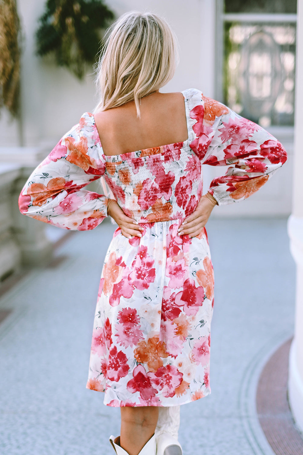 Back of White Floral Print Smocked Long Puff Sleeve Dress