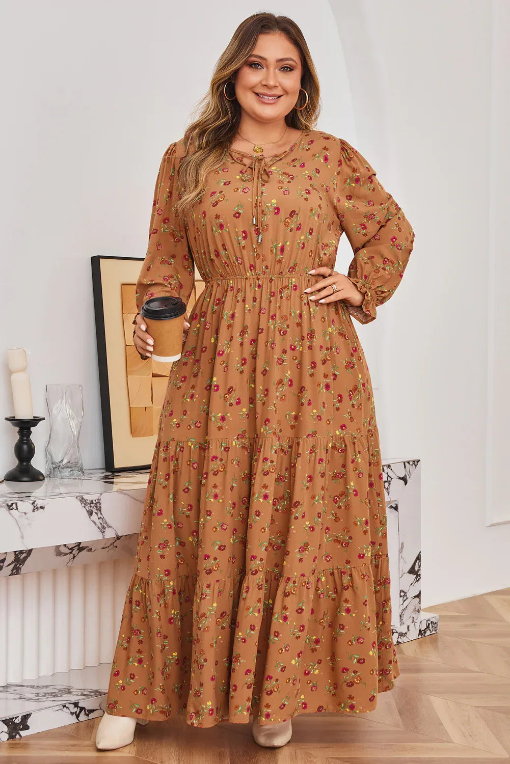 Brown Floral Ruffled Sleeve Tiered Maxi Dress Bazaare Mart Plus Size/Plus Size Dresses/Plus Size Maxi Dresses